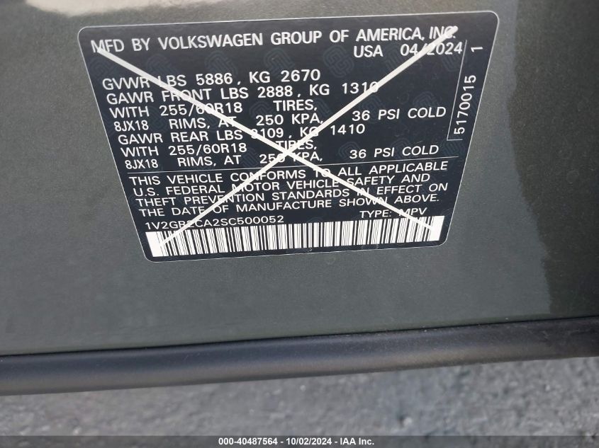 2025 Volkswagen Atlas VIN: 1V2GR2CA2SC500052 Lot: 40487564