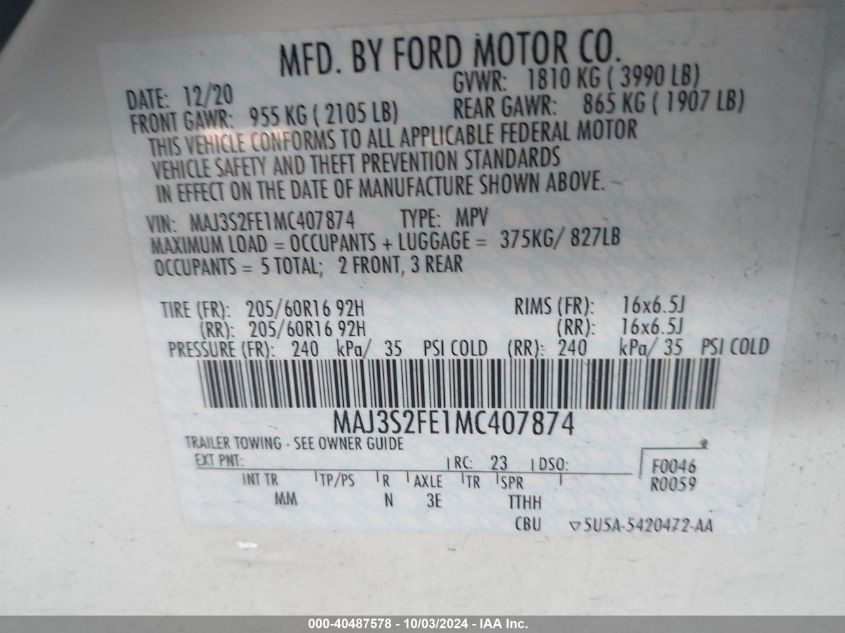 MAJ3S2FE1MC407874 2021 Ford Ecosport S