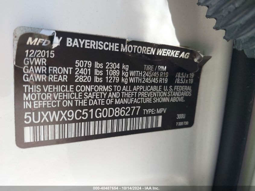 2016 BMW X3 xDrive28I VIN: 5UXWX9C51G0D86277 Lot: 40487654