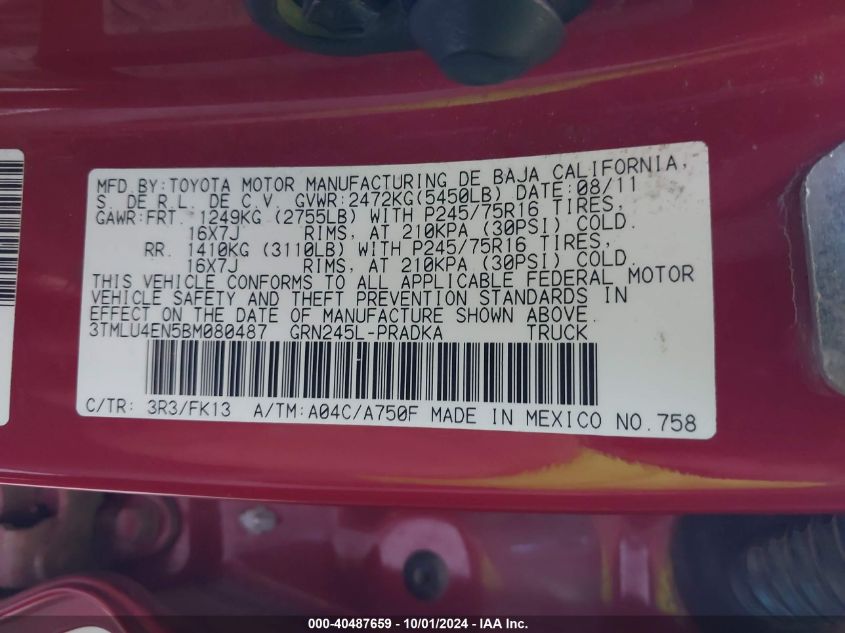 2011 Toyota Tacoma Base V6 VIN: 3TMLU4EN5BM080487 Lot: 40487659