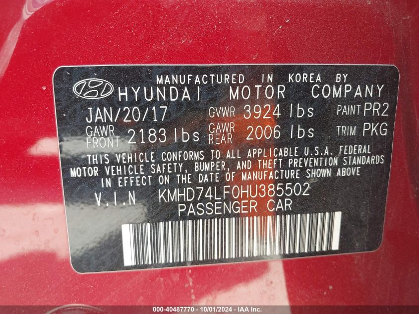 2017 Hyundai Elantra Se VIN: KMHD74LF0HU385502 Lot: 40487770