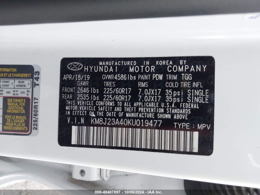 VIN 1C4RJFBG7EC302067 2019 HYUNDAI TUCSON no.9