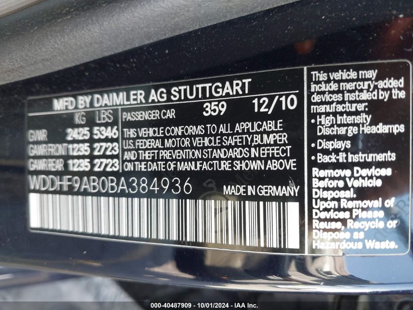 WDDHF9AB0BA384936 2011 Mercedes-Benz E 550 4Matic