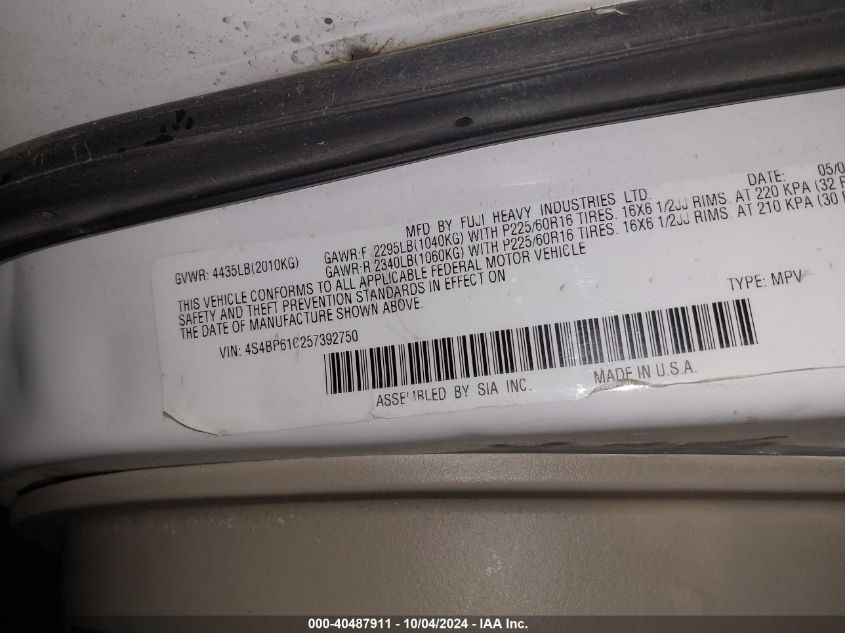 4S4BP61C257392750 2005 Subaru Outback 2.5I