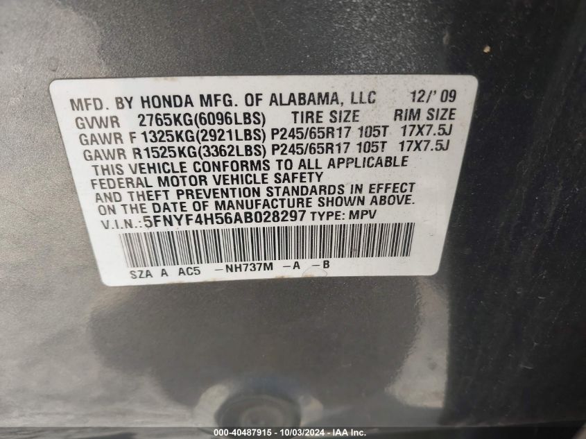 5FNYF4H56AB028297 2010 Honda Pilot Ex-L