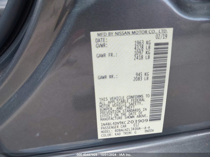 1N4BL4DV9KC203909 2019 Nissan Altima 2.5 Sv