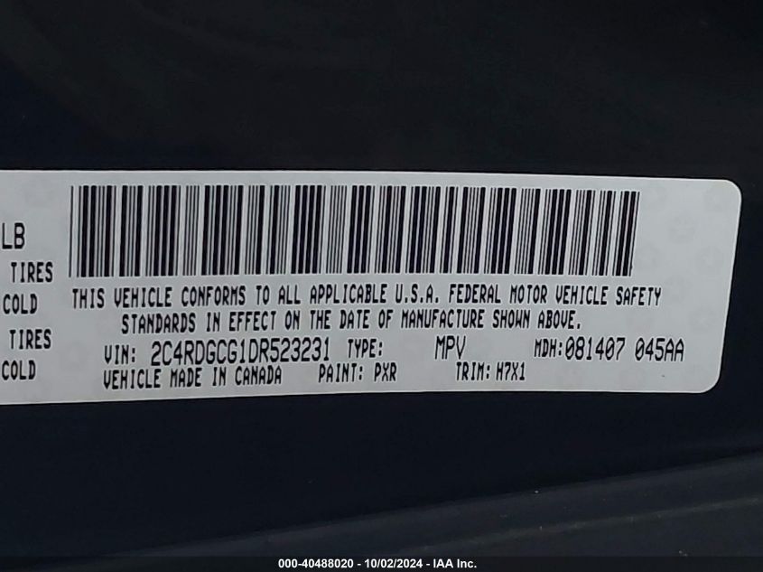 2013 Dodge Grand Caravan Sxt VIN: 2C4RDGCG1DR523231 Lot: 40488020