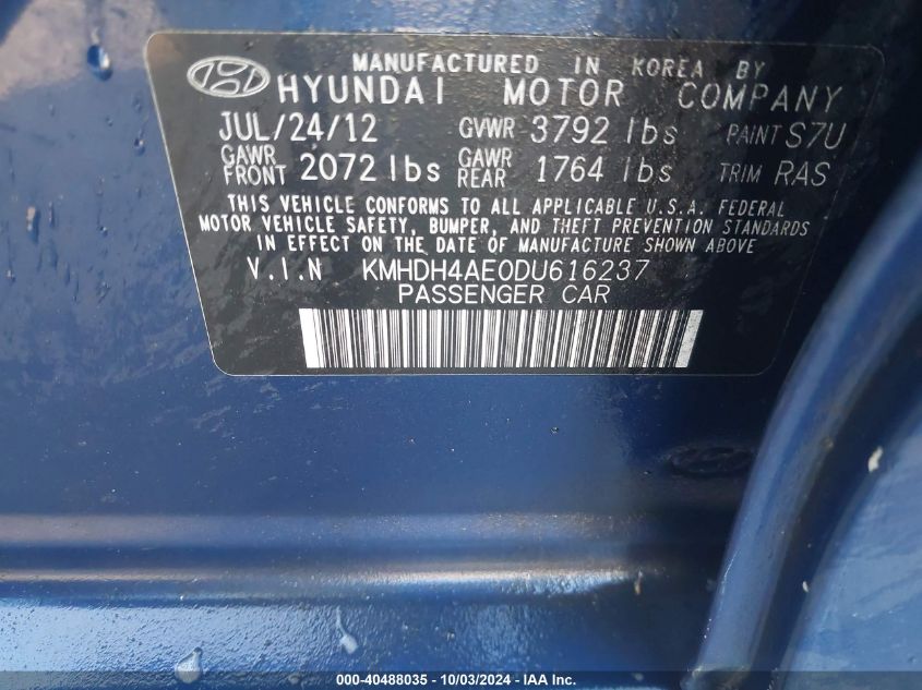 2013 Hyundai Elantra Gls VIN: KMHDH4AE0DU616237 Lot: 40488035