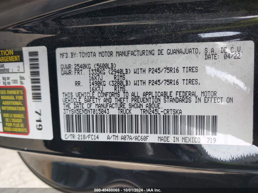 3TYSX5EN5NT015043 2022 Toyota Tacoma Sr5