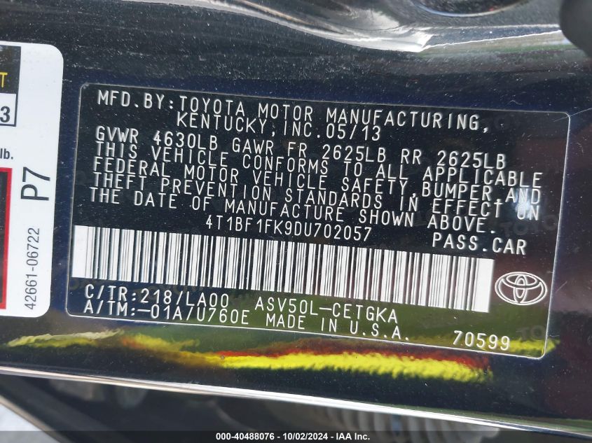 4T1BF1FK9DU702057 2013 Toyota Camry Xle