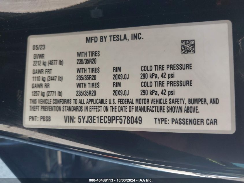 2023 Tesla Model 3 Performance Dual Motor All-Wheel Drive VIN: 5YJ3E1EC9PF578049 Lot: 40488113