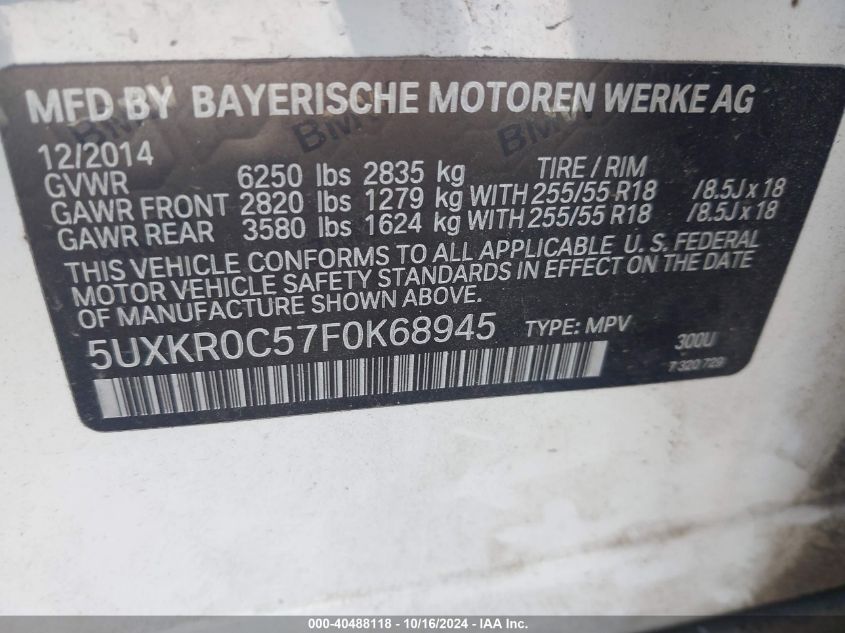 2015 BMW X5 xDrive35I VIN: 5UXKR0C57F0K68945 Lot: 40488118