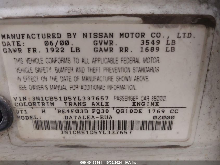 2000 Nissan Sentra Gxe/Xe VIN: 3N1CB51D5YL337657 Lot: 40488141