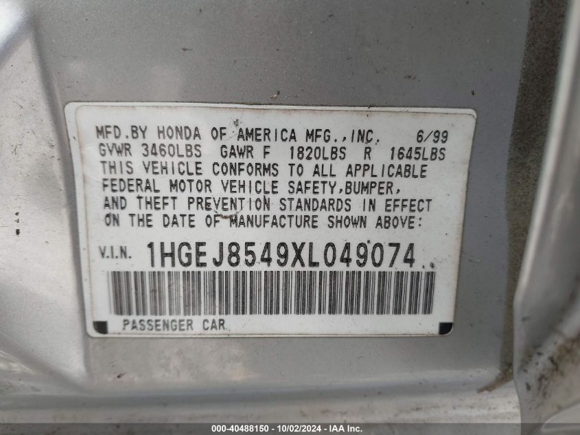 1HGEJ8549XL049074 1999 Honda Civic Ex