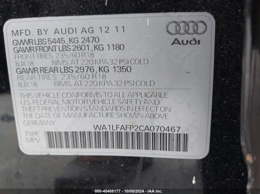 WA1LFAFP2CA070467 2012 Audi Q5 2.0T Premium