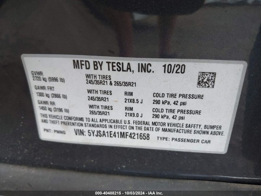 VIN 5YJSA1E41MF421658 2021 Tesla Model S, Performan... no.9