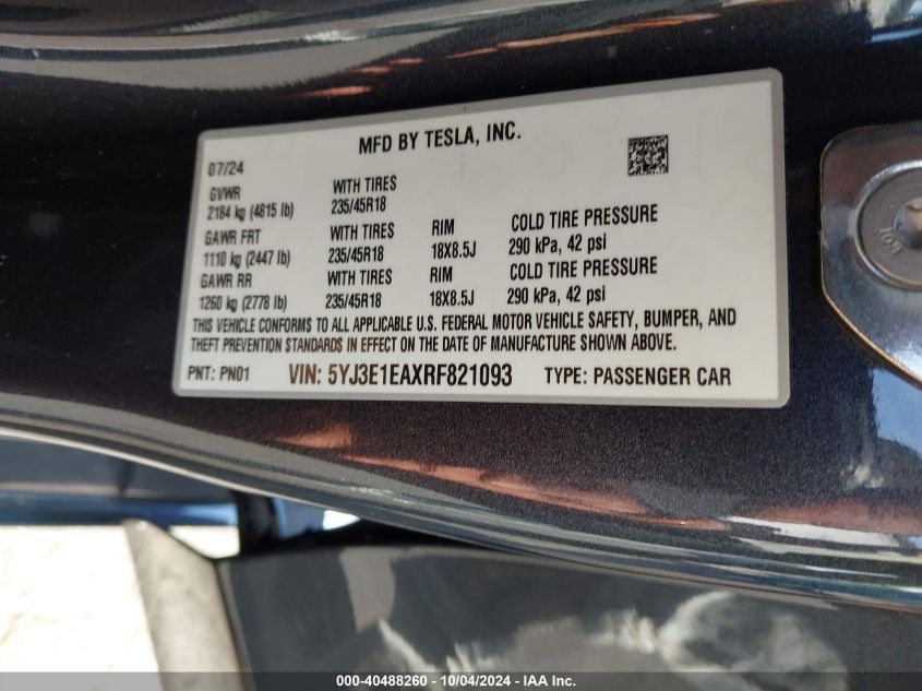 2024 Tesla Model 3 Rear-Wheel Drive VIN: 5YJ3E1EAXRF821093 Lot: 40488260