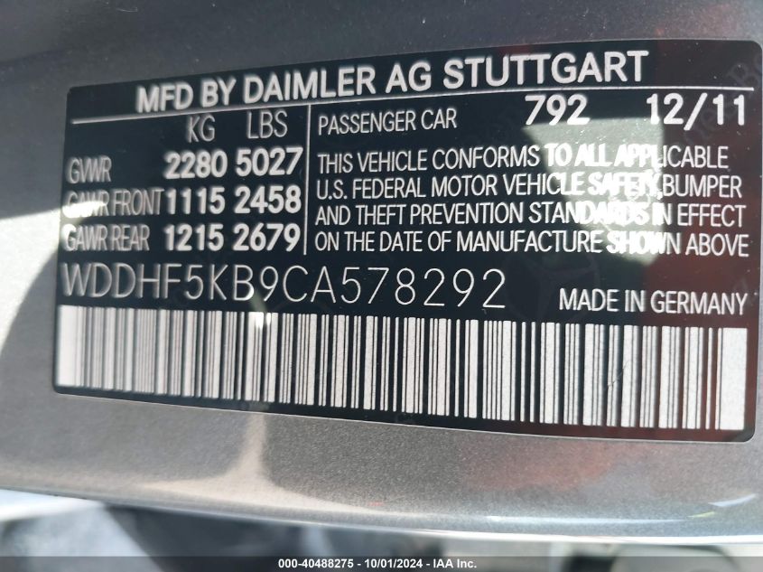 WDDHF5KB9CA578292 2012 Mercedes-Benz E 350