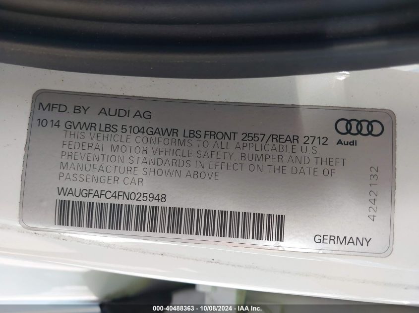 2015 Audi A6 2.0T Premium VIN: WAUGFAFC4FN025948 Lot: 40488363