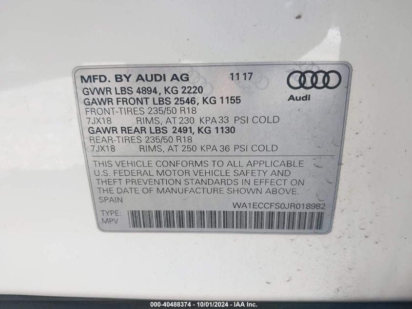 2018 Audi Q3 2.0T Premium/2.0T Sport Premium VIN: WA1ECCFS0JR018982 Lot: 40488374