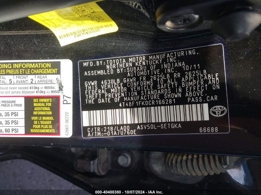 4T4BF1FK0CR166281 2012 Toyota Camry Se/Le/Xle