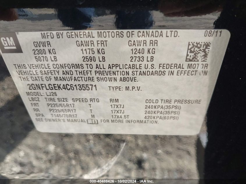 2GNFLGEK4C6135571 2012 Chevrolet Equinox Ltz