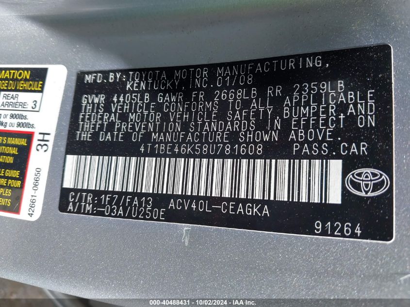 4T1BE46K58U781608 2008 Toyota Camry Xle