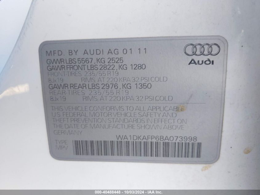 WA1DKAFP6BA073998 2011 Audi Q5 3.2 Premium Plus