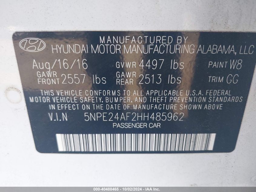 5NPE24AF2HH485962 2017 Hyundai Sonata