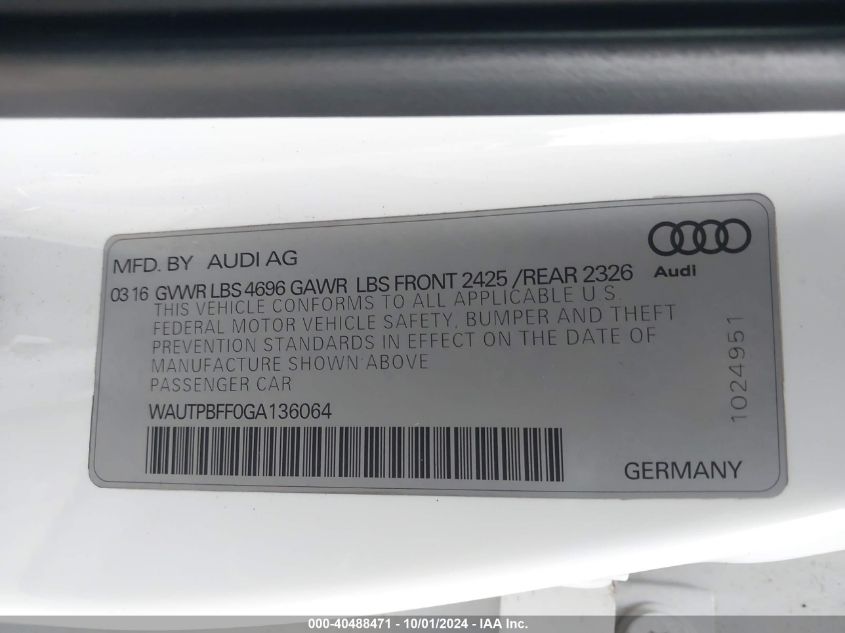 2016 Audi A3 E-Tron 1.4T Premium VIN: WAUTPBFF0GA136064 Lot: 40488471