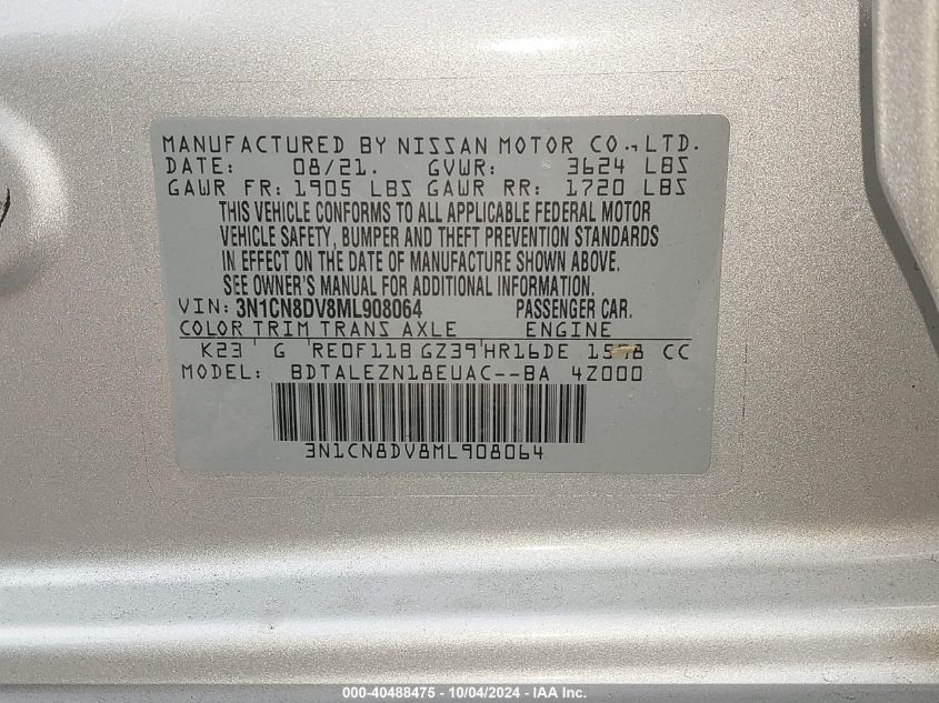 2021 Nissan Versa S Xtronic Cvt VIN: 3N1CN8DV8ML908064 Lot: 40488475