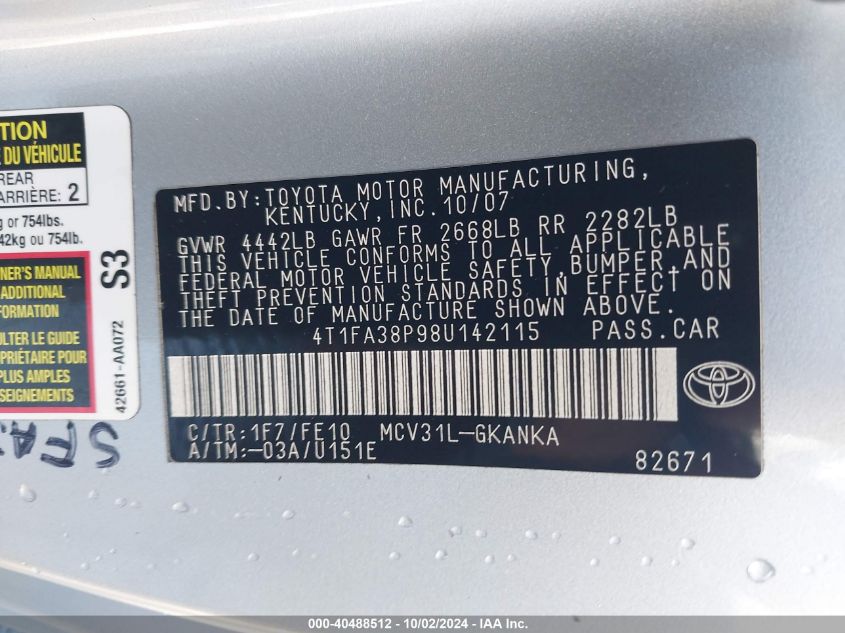 4T1FA38P98U142115 2008 Toyota Camry Solara Se