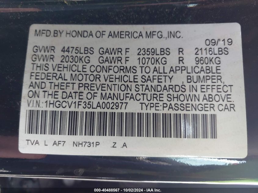 VIN 1HGCV1F35LA002977 2020 Honda Accord, Sport no.9