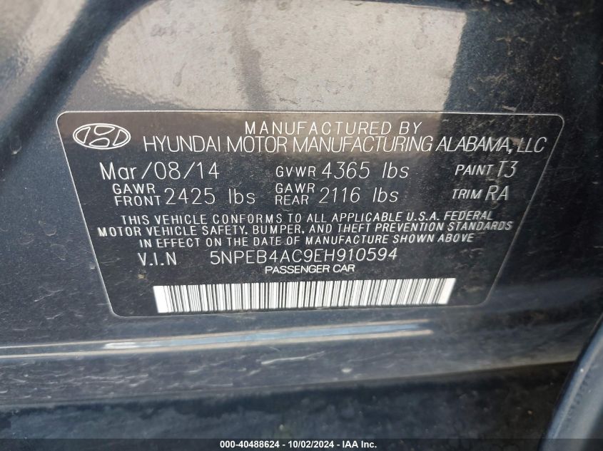 5NPEB4AC9EH910594 2014 Hyundai Sonata Gls