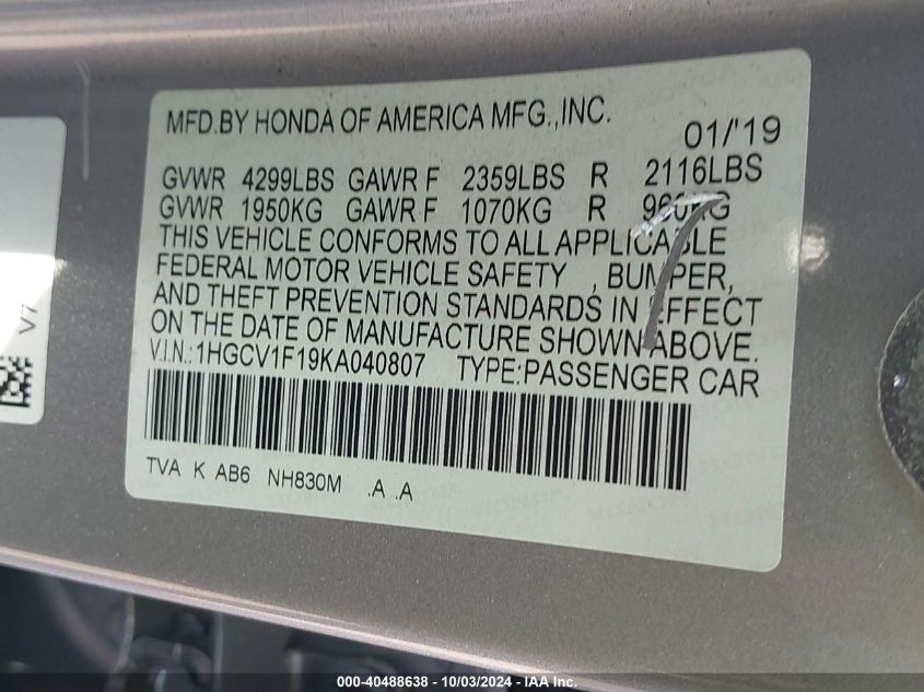 1HGCV1F19KA040807 2019 Honda Accord Lx