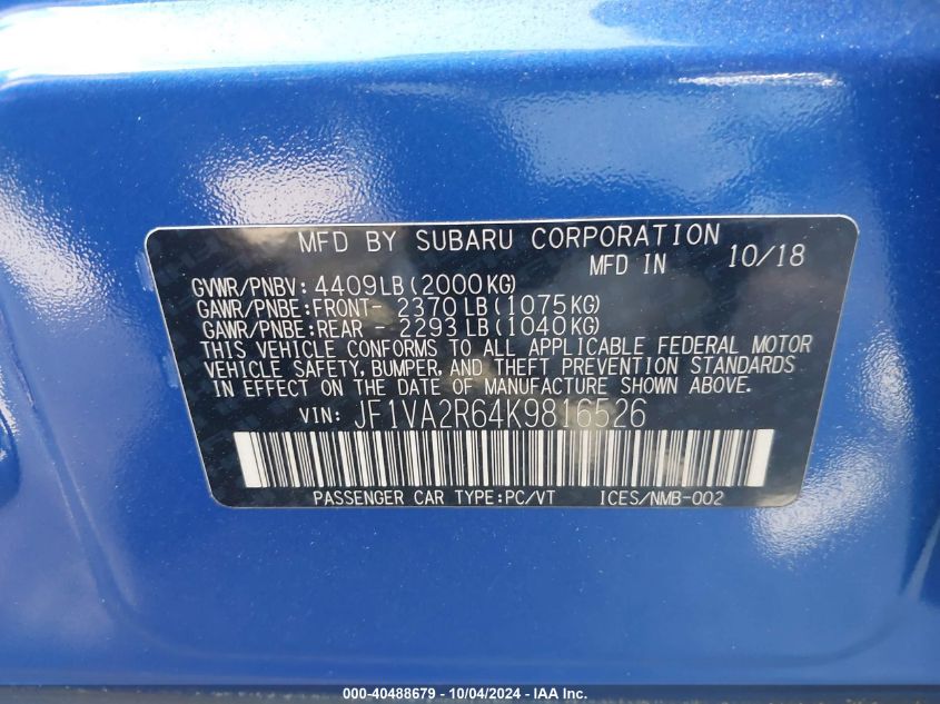 JF1VA2R64K9816526 2019 Subaru Wrx Sti