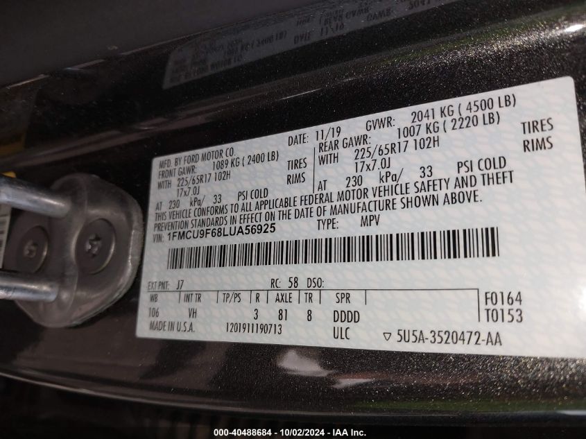 1FMCU9F68LUA56925 2020 Ford Escape S