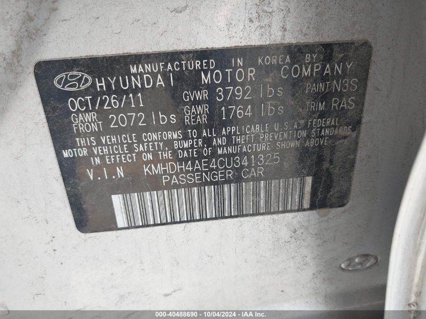 KMHDH4AE4CU341325 2012 Hyundai Elantra Limited (Ulsan Plant)