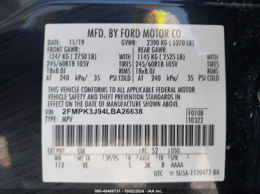 2020 Ford Edge Sel VIN: 2FMPK3J94LBA26638 Lot: 40488731