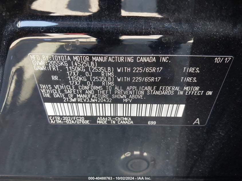 VIN 2T3WFREV3JW420432 2018 TOYOTA RAV4 XLE