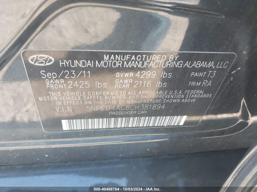 2012 Hyundai Sonata Gls VIN: 5NPEB4AC8CH381894 Lot: 40488784