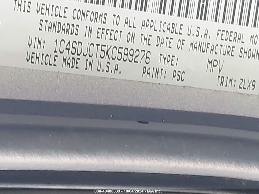 1C4SDJCT5KC599276 2019 Dodge Durango R/T Awd