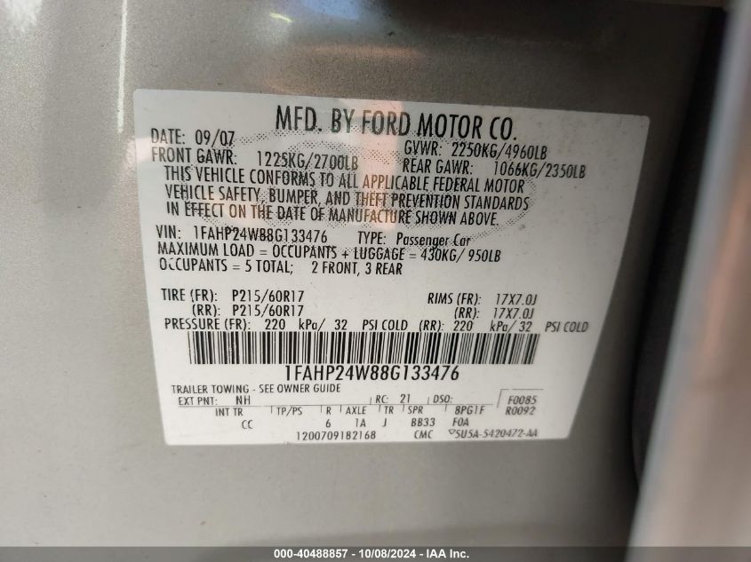 1FAHP24W88G133476 2008 Ford Taurus Sel