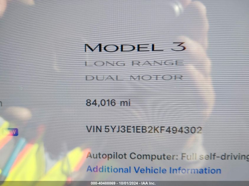 5YJ3E1EB2KF494302 2019 Tesla Model 3 Long Range/Performance