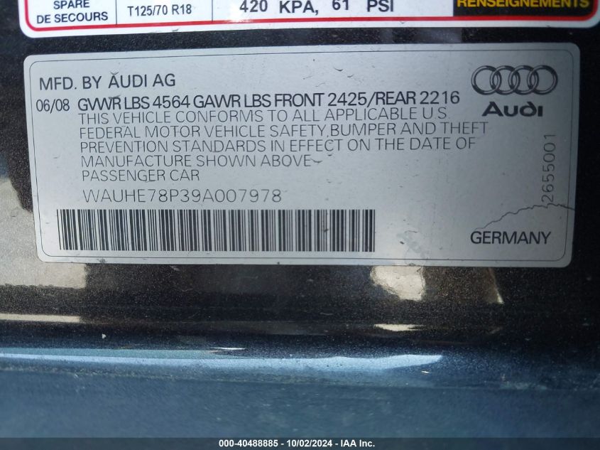 WAUHE78P39A007978 2009 Audi A3 2.0T