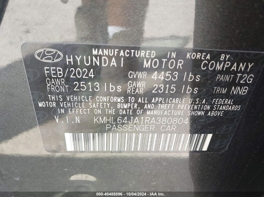 2024 Hyundai Sonata Sel VIN: KMHL64JA1RA380804 Lot: 40488896