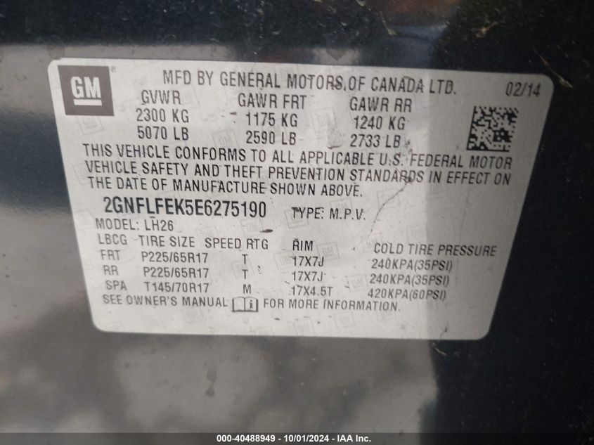 2GNFLFEK5E6275190 2014 Chevrolet Equinox 1Lt