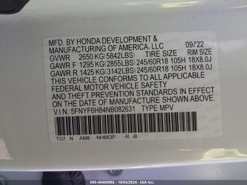 2022 Honda Pilot Awd Trailsport VIN: 5FNYF6H84NB082631 Lot: 40488992