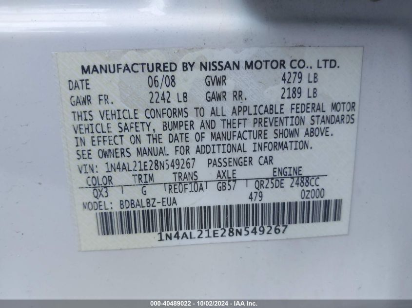 1N4AL21E28N549267 2008 Nissan Altima 2.5 S