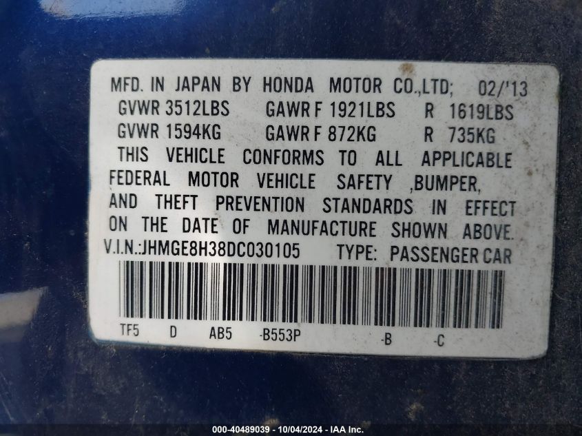 JHMGE8H38DC030105 2013 Honda Fit